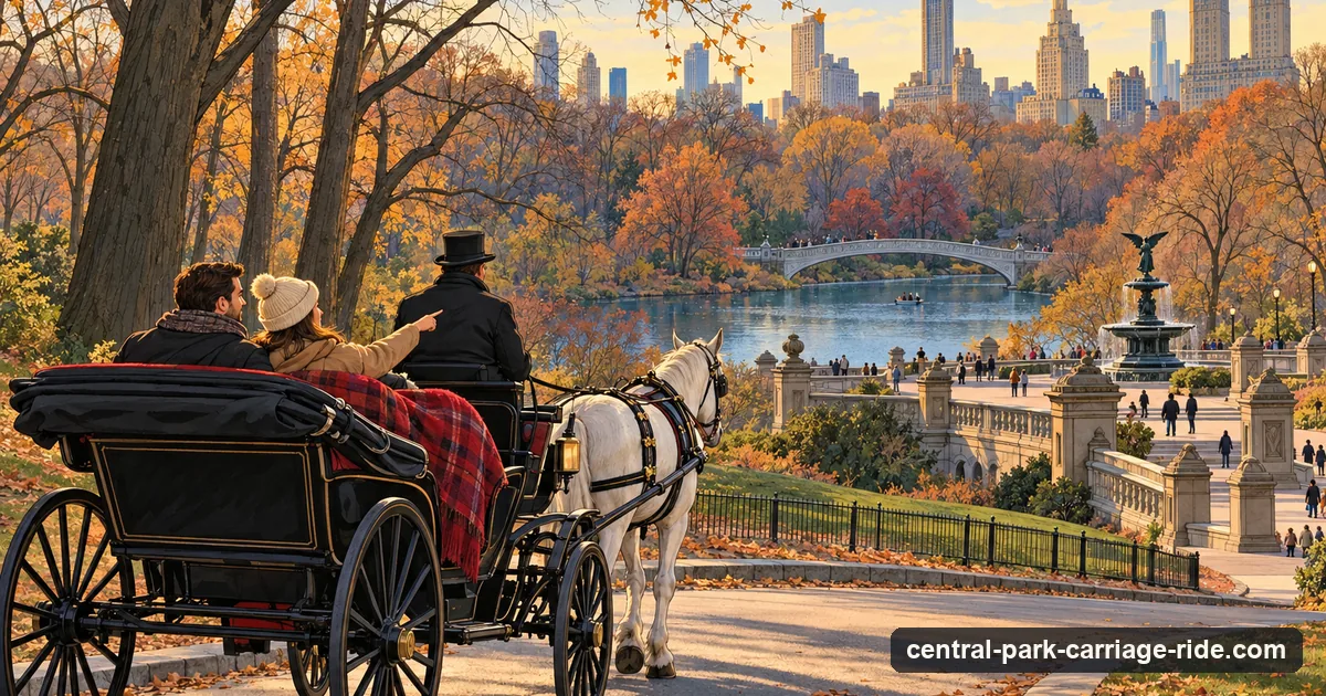 Illustration: a couple wrapped in a blanket in an open horse-drawn carriage on a quiet park drive, bare autumn trees, a lake to one side and the city skyline beyond