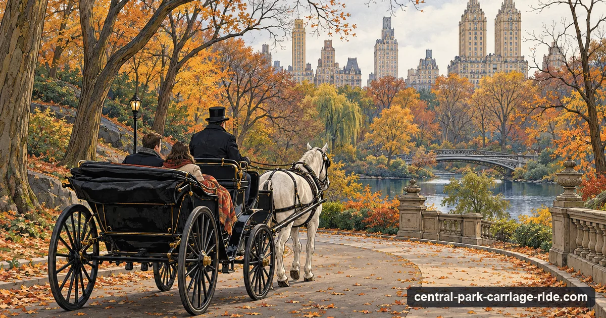 Illustration: a horse-drawn carriage with two passengers under a blanket on a tree-lined park drive in late autumn, fallen leaves on the road and city towers above the trees