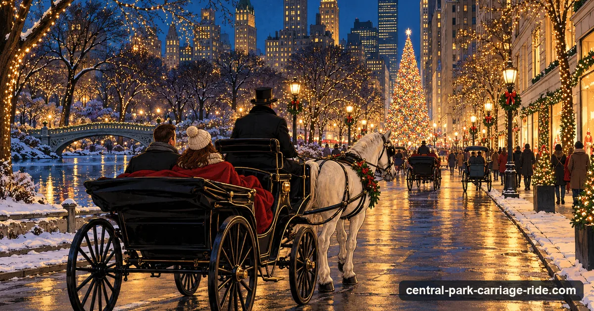 Illustration: a horse-drawn carriage at night on a city avenue strung with holiday lights, two passengers under a red blanket, lit shop windows and a tall decorated Christmas tree glowing at the end of the street