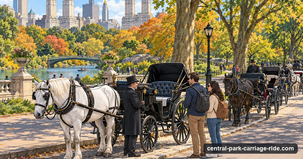 Illustration: a white horse and an open black carriage stopped on a park drive, a driver in a top hat beside it talking with two visitors, more carriages behind, a lake and a stone bridge beyond and towers above the trees