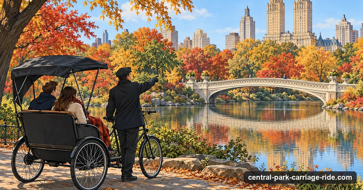 Illustration: a pedicab with two passengers under its canopy stopped on a park path beside an arched cast-iron bridge over a lake, the driver pointing across the water, autumn trees and city towers beyond